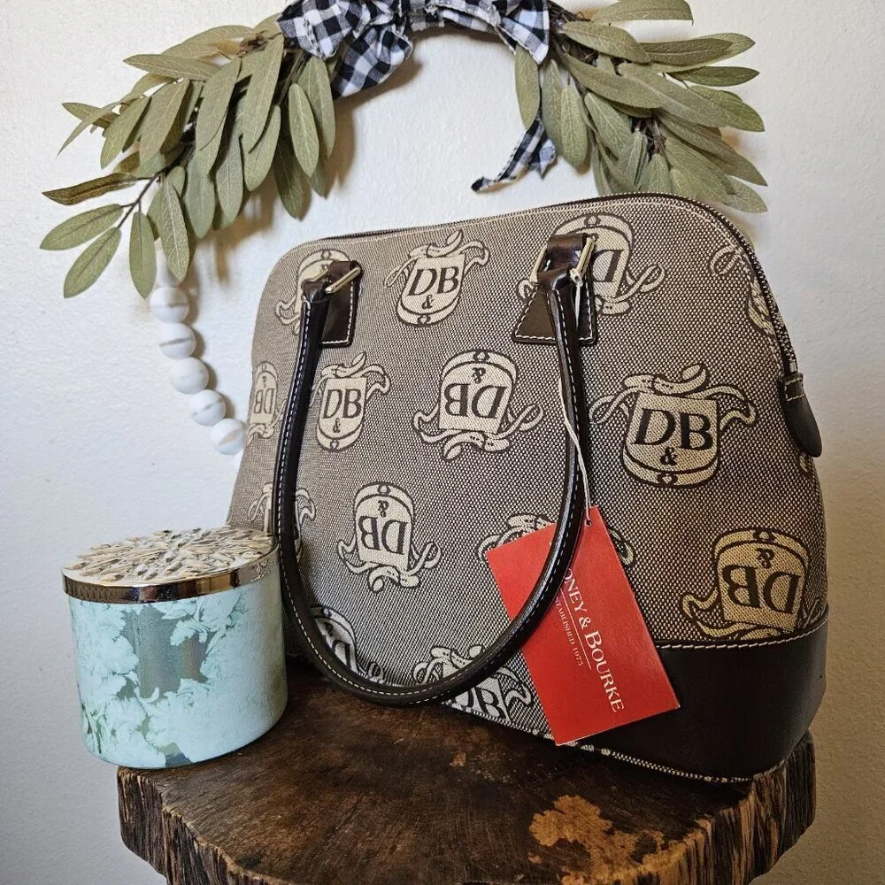 Dooney & Bourke DB Monogram Satchel + Wristlet Set NWT Gray Canvas Leather